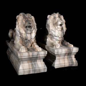 JBA210 Marble Lying Lions on Pedestal Sculpture Set