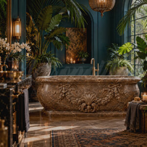 JBF247 Brown Marble Bathtub with Flower Vine Pattern by Metropolitan Galleries Inc Vignette WM