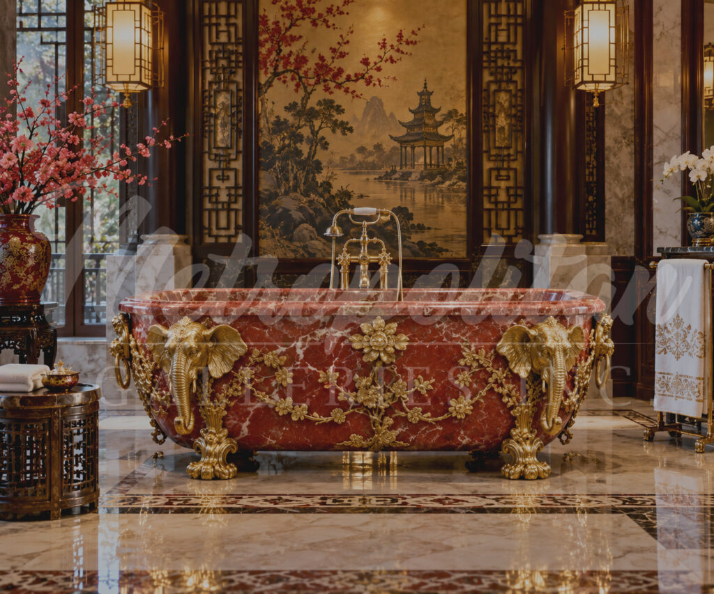 JBF248 Red Marble Bathtub with Gold Elephant Heads by Metropolitan Galleries Inc Vignette WM