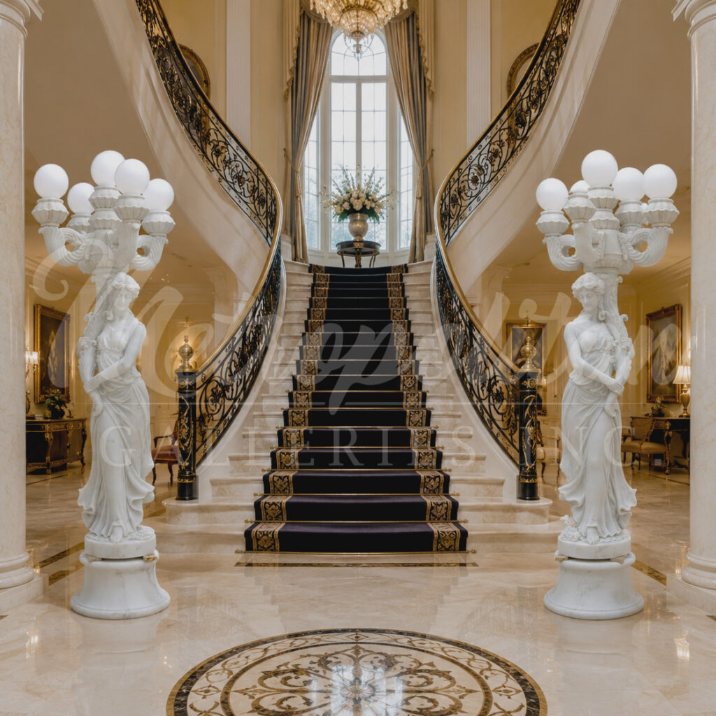 Lavish marble foyer with double sweeping staircase