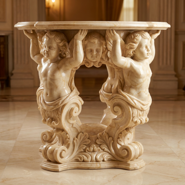 JBT309 Marble Three Cherubs Table in Cream Marble by Metropolitan Galleries Inc.