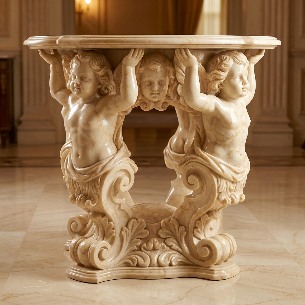 JBT309 Marble Three Cherubs Table in Cream Marble by Metropolitan Galleries Inc.
