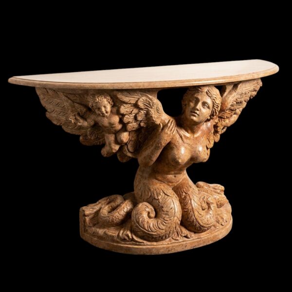 JBT311 Marble Mermaid Angel Demilune Table Sculpture by Metropolitan Galleries Inc