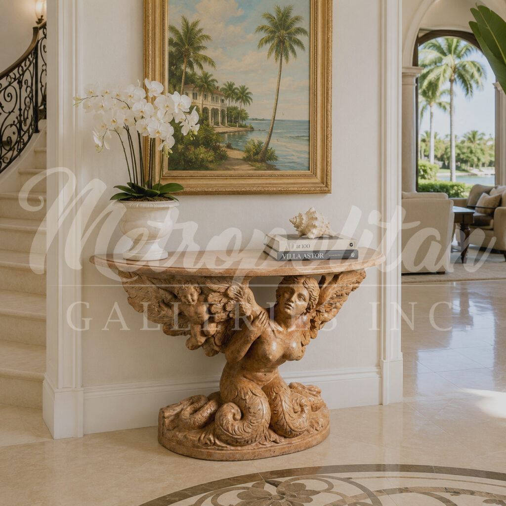 JBT311 Marble Mermaid Angel Demilune Table Sculpture by Metropolitan Galleries Inc Vignette WM