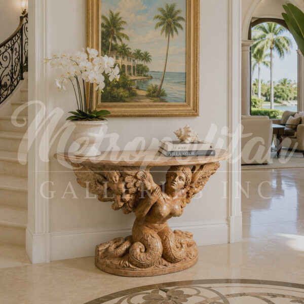 JBT311 Marble Mermaid Angel Demilune Table Sculpture by Metropolitan Galleries Inc Vignette WM